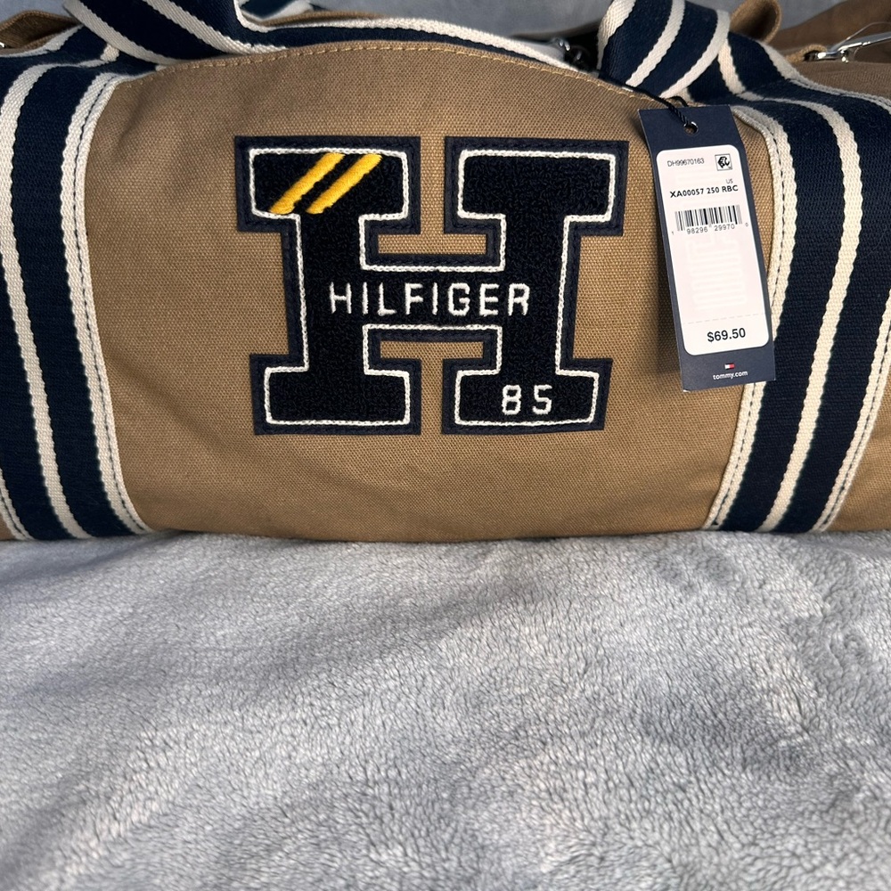 Tommy Hilfiger Brown Duffel Bag with Navy Accents